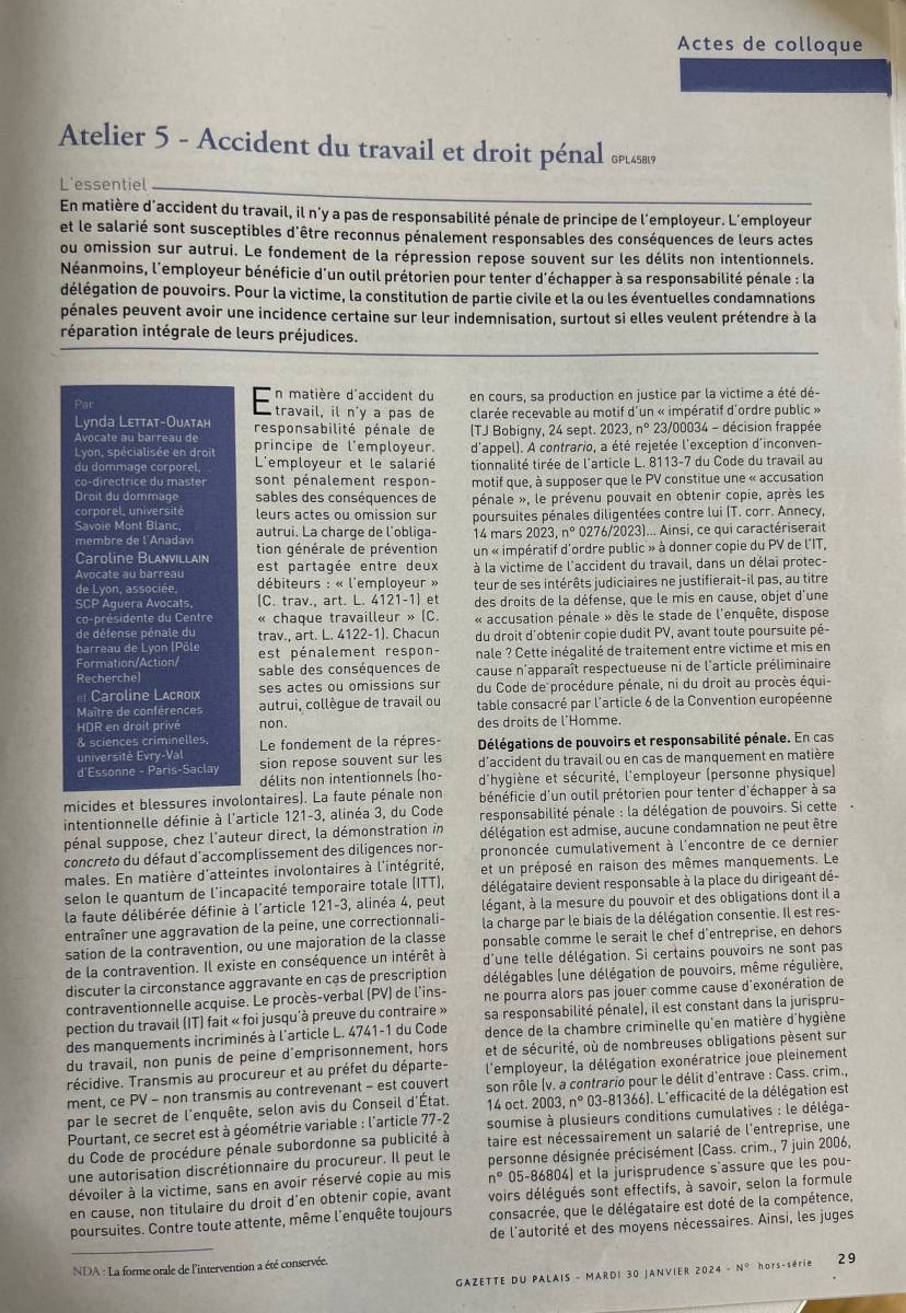 Accident de travail: résponsabilité pénale et répartition du dommage corporel