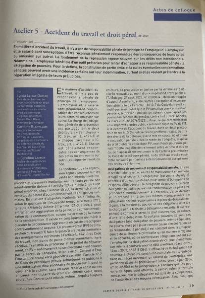 Accident de travail: résponsabilité pénale et répartition du dommage corporel