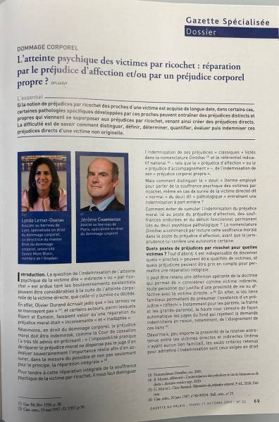 Publication doctrinale consacrée à la réparation des préjudices psychiques des victimes par ricochet, à laquelle contribue le Cabinet Clapot-Lettat.